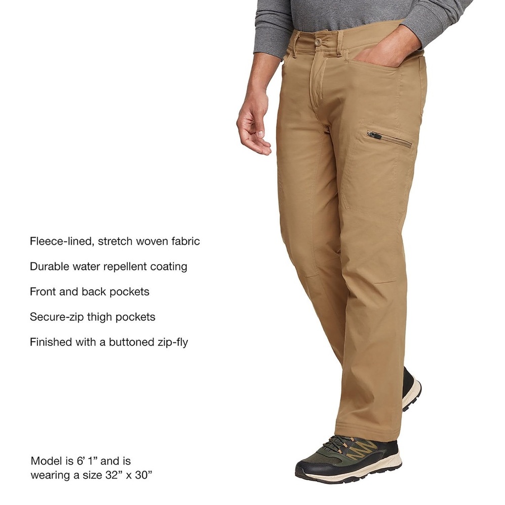 Eddie Bauer Men's Fleece Lined Tech Pants in khaki 38x30 NWT